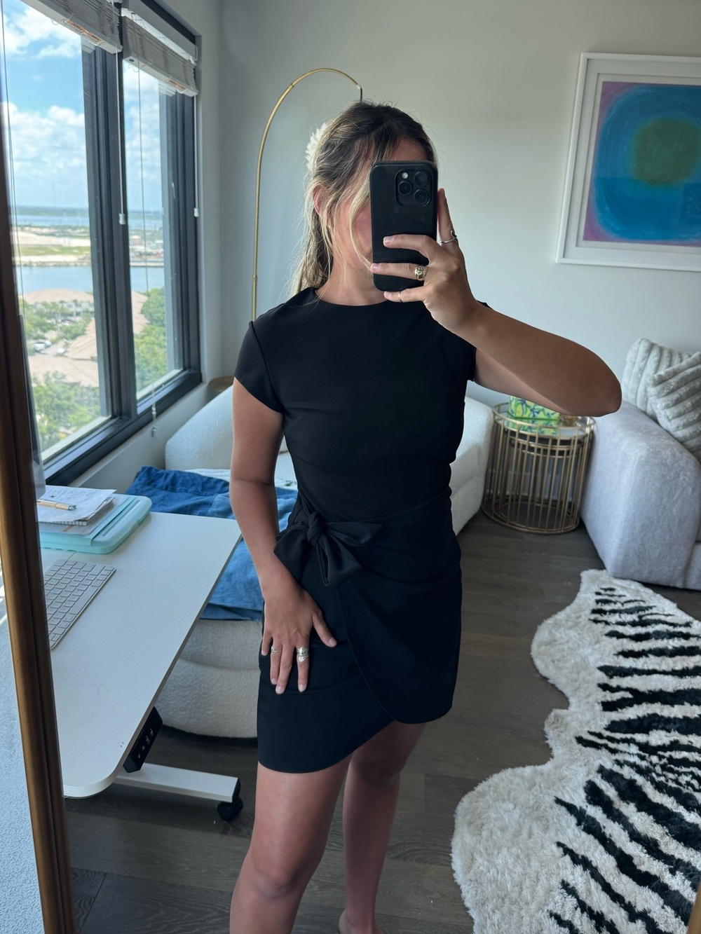 Express Black Short-Sleeve Tie-Waist Mini Dress